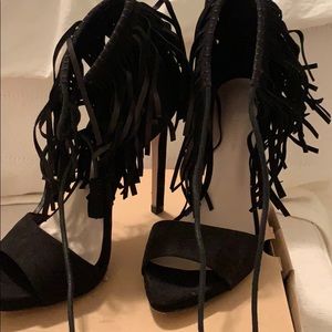Zara black suede fringe heels